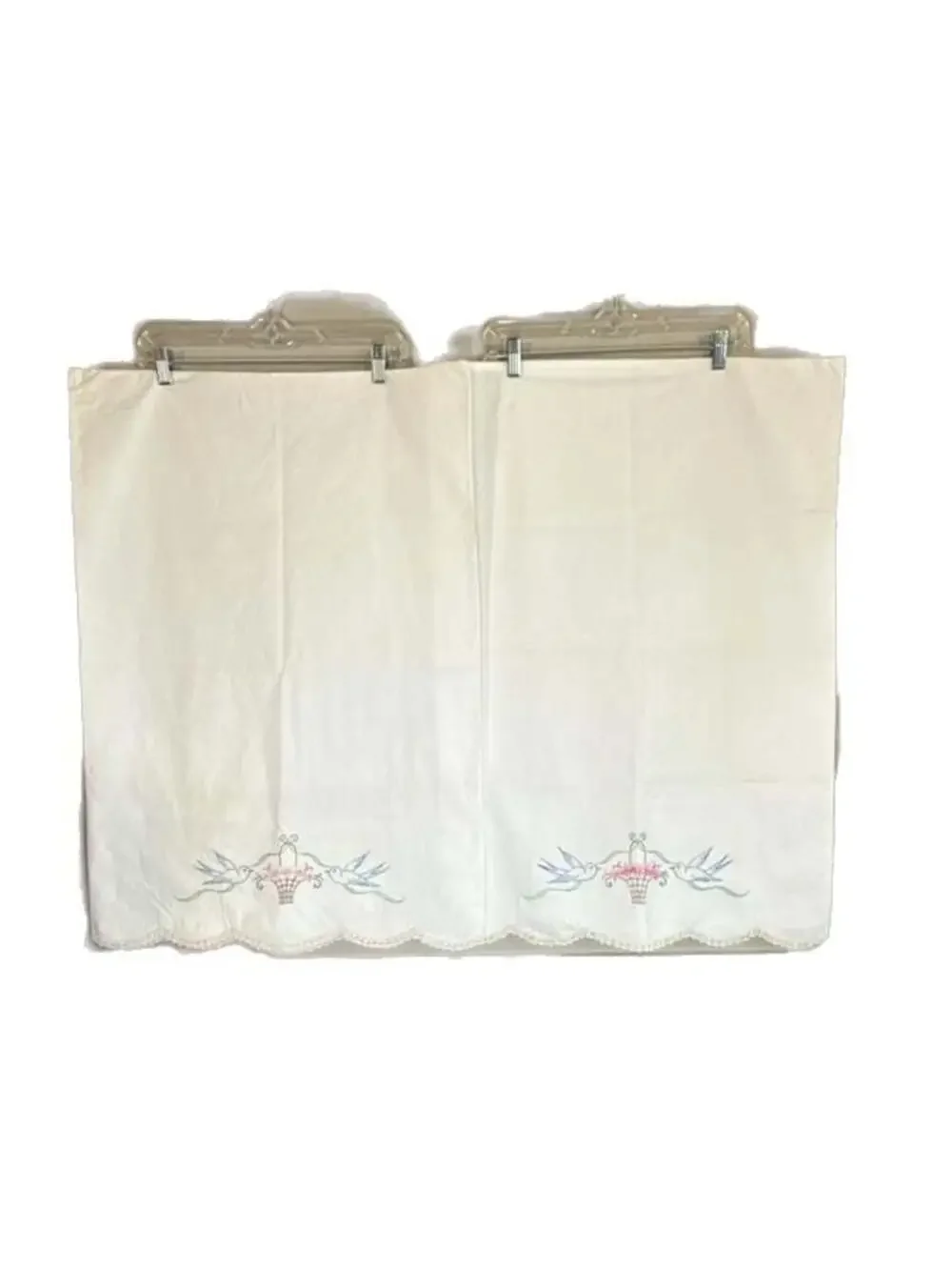 Vintage Hand Embroidered Floral Basket and Blue Birds Pillowcases Lace Trim